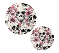 Poeticcity Seamless White Skulls with Pink Cherry Flowers Pattern 2 Pcs Pot Holders Trivets for Hot Dishes, Heat Resistant Cotton Thread Weave Coasters Hot Pads Mat Potholder for Pans Bowl Pot