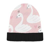 Poeticcity Seamless White Swan Princess with Crowns on Pink Pattern Warm Cuffed Beanie Hat, Unisex Soft Fleece Stretchy Thick Cable Knit Cap Outdoor Durable Two-Sided Winter Slouchy Hat