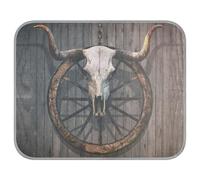 Poeticcity Soft Cooling Dog Mat, Ice Silk Pet Crate Pad with 3D Mesh, Washable Mattress Cushion Anti Slip Kennel 22x27.6 in Long Horned Bull Skull Old West Wagon Wheel Hanged on a Wood Wall