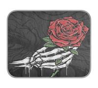 Poeticcity Soft Cooling Dog Mat, Ice Silk Pet Crate Pad with 3D Mesh, Washable Mattress Cushion Anti Slip Kennel 22x27.6 in Vintage White Human Hand Skull Bone Holding a Red Rose