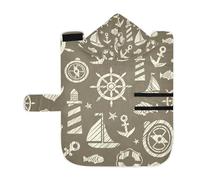 Poeticcity Soft Pet Towel Coat for Dogs Cats, Bath Robe Absorbent Bathrobewith Hood Adjustable Collar & Belly Strap, M Vintage Blue Sea Voyage Anchor Steering Wheel Ship Lighthouse Style
