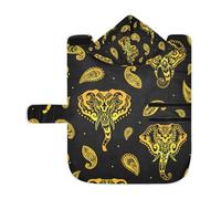 Poeticcity Soft Pet Towel Coat for Dogs Cats, Bath Robe Absorbent Bathrobewith Hood Adjustable Collar & Belly Strap, S Seamless Gold Aztec Tattoo Tribal Ornament Elephants on Dark