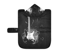 Poeticcity Soft Pet Towel Coat for Dogs Cats, Bath Robe Absorbent Bathrobewith Hood Adjustable Collar & Belly Strap, S Burning Fire Flaming Guitar with Music Notes Fireworks