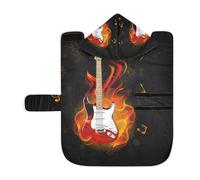 Poeticcity Soft Pet Towel Coat for Dogs Cats, Bath Robe Absorbent Bathrobewith Hood Adjustable Collar & Belly Strap, S Burning Fire Flaming Guitar with Music Notes Fireworks on Black
