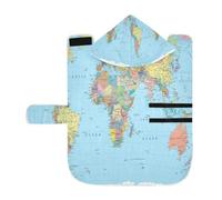 Poeticcity Soft Pet Towel Coat for Dogs Cats, Bath Robe Absorbent Bathrobewith Hood Adjustable Collar & Belly Strap, S Colorful World Map with Turquoise Ocean Background