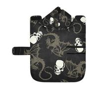 Poeticcity Soft Pet Towel Coat for Dogs Cats, Bath Robe Absorbent Bathrobewith Hood Adjustable Collar & Belly Strap, S Seamless White Skull with Retro Wings Flying Dragon on Dark Black
