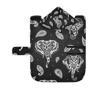 Poeticcity Soft Pet Towel Coat for Dogs Cats, Bath Robe Absorbent Bathrobewith Hood Adjustable Collar & Belly Strap, S Silver White Aztec Tattoo Tribal Ornament Elephants on Dark