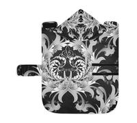 Poeticcity Soft Pet Towel Coat for Dogs Cats, Bath Robe Absorbent Bathrobewith Hood Adjustable Collar & Belly Strap, M Retro Royal Silver Baroque Floral Scroll Leaves Flowers on Dark