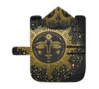 Poeticcity Soft Pet Towel Coat for Dogs Cats, Bath Robe Absorbent Bathrobewith Hood Adjustable Collar & Belly Strap, M Hand Drawn Gold Golden Face of The Sun Stars on Black Dark