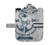 Poeticcity Soft Pet Towel Coat for Dogs Cats, Bath Robe Absorbent Bathrobewith Hood Adjustable Collar & Belly Strap, S Nautical Marine Anchor Skull Crabs on Vintage Retro Wood