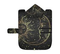 Poeticcity Soft Pet Towel Coat for Dogs Cats, Bath Robe Absorbent Bathrobewith Hood Adjustable Collar & Belly Strap, M Golden Sun, Crescent Moon and Gold Stars Over Black Galaxy Sky
