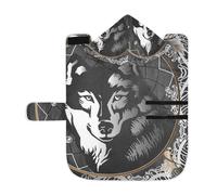 Poeticcity Soft Pet Towel Coat for Dogs Cats, Bath Robe Absorbent Bathrobewith Hood Adjustable Collar & Belly Strap, M Black White Wolf in Dream Catcher on Dark Grey Background