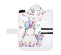 Poeticcity Soft Pet Towel Coat for Dogs Cats, Bath Robe Absorbent Bathrobewith Hood Adjustable Collar & Belly Strap, S Cute Sitting Unicorn Cartoon with Hearts, Isolated on White