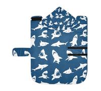 Poeticcity Soft Pet Towel Coat for Dogs Cats, Bath Robe Absorbent Bathrobewith Hood Adjustable Collar & Belly Strap, S White Sharks Seamless on Dark Blue Background