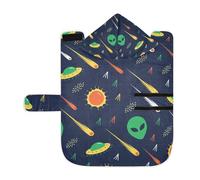 Poeticcity Soft Pet Towel Coat for Dogs Cats, Bath Robe Absorbent Bathrobewith Hood Adjustable Collar & Belly Strap, M Green Alien, UFO, Comet, Star, Sun, Wars on Dark