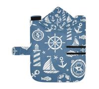 Poeticcity Soft Pet Towel Coat for Dogs Cats, Bath Robe Absorbent Bathrobewith Hood Adjustable Collar & Belly Strap, M Vintage Blue Sea Voyage Anchor Steering Wheel Ship Lighthouse