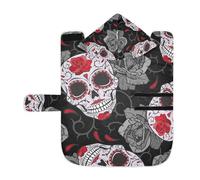 Poeticcity Soft Pet Towel Coat for Dogs Cats, Bath Robe Absorbent Bathrobewith Hood Adjustable Collar & Belly Strap, S Seamless Gothic Sugar Skulls with Red Roses, Grey Roses Thorns