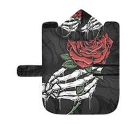 Poeticcity Soft Pet Towel Coat for Dogs Cats, Bath Robe Absorbent Bathrobewith Hood Adjustable Collar & Belly Strap, M Vintage White Human Hand Skull Bone Holding a Red Rose
