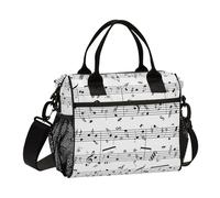 Poeticcity Thermal Insulated Cooler Lunchbox Bag, Leakproof Nylon Adjustable Strap Holder Lunch Meal Box M(11.8x11.4x6.2 in) Retro Music Notes Black Ink Hand Drawn icons Artistic