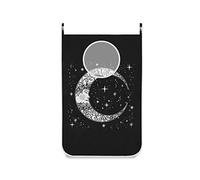 Poeticcity Vintage Hand Drawn Retro Face of The Moon Stars on Black Hanging Laundry Hamper Bag, Dirty Clothes Bag Over The Door, Wall Cloth Basket with Hooks Storage Closet for Bathroom Bedroom