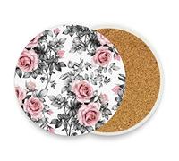 Poeticcity Vintage Pink Rose Flowers and Grey Leaves Seamless on White 1 PC Ceramic Mug Coaster for Drinks, Stone Coasters Holder with Cork Base, Oversize Cup Mat Pad for All Mugs, Housewarming Gift