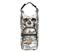 Poeticcity Water Bottle Sling Sleeve Bag, Bottle Carrier Holder Case Cover with Removable Strap Travel Cup Mug Storage with Pockets Seamless Gold Gray Skull Rose Flowers on Gray