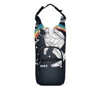 Poeticcity Water Bottle Sling Sleeve Bag, Bottle Carrier Holder Case Cover with Removable Strap Travel Cup Mug Storage with Pockets Astronaut Skateboarding Rainbow in Black Galaxy Space with Stars