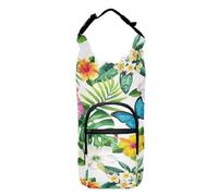 Poeticcity Water Bottle Sling Sleeve Bag, Bottle Carrier Holder Case Cover with Removable Strap Travel Cup Mug Storage with Pockets Seamless Tropical Flowers, Green Leaves on White