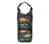 Poeticcity Water Bottle Sling Sleeve Bag, Travel Cup Mug Storage Bottle Holder Carrier Case Cover with Removable Strap with Pockets Colorful Funny Dinosaurs with Forest Palm Leaves on Black