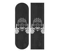 Poeticcity White Sugar Skull with Middle Finger Up Rock Roll on Black Waterproof Skateboard Grip Tape, Anti Slip Longboard Scooter Griptapes, Durable Sand Paper Sheet Sticker Sandpaper 9"x33"