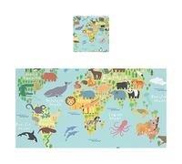 Poeticcity World Map with Lots of Animals on Turquoise Background 2 PCs Soft Pure Cotton Towel Set for Bathroom, 1 Skin Friendly Bath Towel 27x54 in, 1 Absorbent Hand Towel Wash Cloth 12x12 in