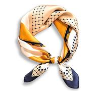 PoeticEHome 100% Mulberry Silk Neck Scarf 21"x21" Small Square Scarfs for Women Gift Packed, H - Blue Yellow Printed, Small