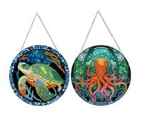 POETRYDRAW 2Pcs DIY Diamond Art Pendant Kit - 5D Hanging Gem Painting Suncatcher, Turtle Octopus Ornament with Special Crystal Rhinestones for Adults Craft & Gift