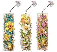 POETRYDRAW 3Pcs Special Shaped Flowers Plants 5D DIY Diamond Art Book Mark DIY Diamond Bookmark with Crystal Pendant for Reading Lover