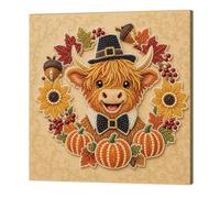 PoetryDraw Framed Pearl Painting Kit Autumn Cow Wall Art | Self-Adhesive Pearl Beads on Pre-Printed Canvas Pumpkin Wreath Autumn Harvest Theme Wall Art Decor (Pumpkin wreath yak)
