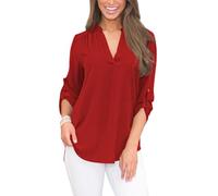 Poetsky 2025 Womens Tops 3/4 Length Sleeve Shirts V Neck Blouses Dressy Casual Pleated Tunic Tops Roll Up, Red, XXL
