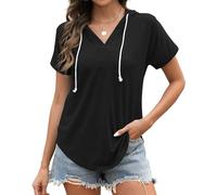 Poetsky Hoodies for Women V Neck Long Sleeve Lightweight Sweatshirts Drawstring Pullover Tops, Z-black, XL