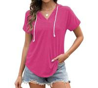 Poetsky Hoodies for Women V Neck Long Sleeve Lightweight Sweatshirts Drawstring Pullover Tops, Z-hot Pink, S