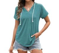 Poetsky Hoodies for Women V Neck Long Sleeve Lightweight Sweatshirts Drawstring Pullover Tops, Z-teal, XXL