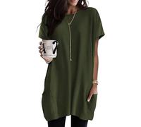 Poetsky Women Summer Womens Tunic Tops for Leggings with Pockets Short Sleeve Casual Long T Shrits, Olive Green, Large