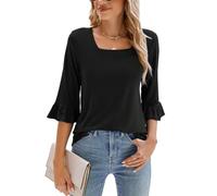 Poetsky Women's Casual 3/4 Sleeve Tops Summer Square Neck T Shirts Ruffle Loose Fit Tunic Bloues, A Solid Black, M
