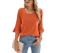 Poetsky Women's Casual 3/4 Sleeve Tops Summer Square Neck T Shirts Ruffle Loose Fit Tunic Blouses, A Solid Orange, L