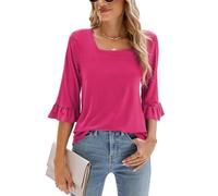 Poetsky Women's Casual 3/4 Sleeve Tops Summer Square Neck T Shirts Ruffle Loose Fit Tunic Blouses, A Solid Rose Red, Large