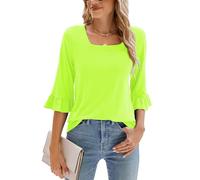 Poetsky Women's Casual 3/4 Sleeve Tops Summer Square Neck T Shirts Ruffle Loose Fit Tunic Blouses, A Solid Neon Green, XL
