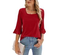 Poetsky Women's Casual 3/4 Sleeve Tops Summer Square Neck T Shirts Ruffle Loose Fit Tunic Blouses, A Solid Red, L