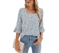 Poetsky Women's Casual 3/4 Sleeve Tops Summer Square Neck T Shirts Ruffle Loose Fit Tunic Blouses, Light Blue Pink, M