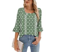 Poetsky Womens Casual 3/4 Sleeve Tops Summer Square Neck T Shirts Ruffle Loose Fit Tunic Blouses S-3XL, Sage Green Floral, 3XL