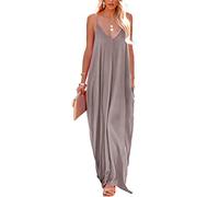 Poetsky Womens Casual Strappy V Neck Sleeveless Flowy Pockets Loose Long Maxi Beach Dress Sundress, Khaki, XXL