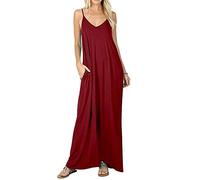 Poetsky Womens Casual Strappy V Neck Sleeveless Flowy Pockets Loose Long Maxi Beach Dress Sundress - Red - X-Large