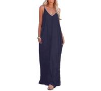 Poetsky Womens Casual Strappy V Neck Sleeveless Flowy Pockets Loose Long Maxi Beach Dress Sundress - - Small
